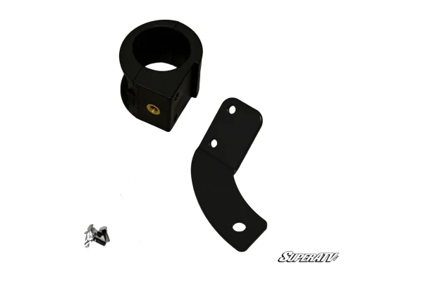 Black 1.75 inch split tube clamp with a curved steel light mounting arm and a bag of included hardware