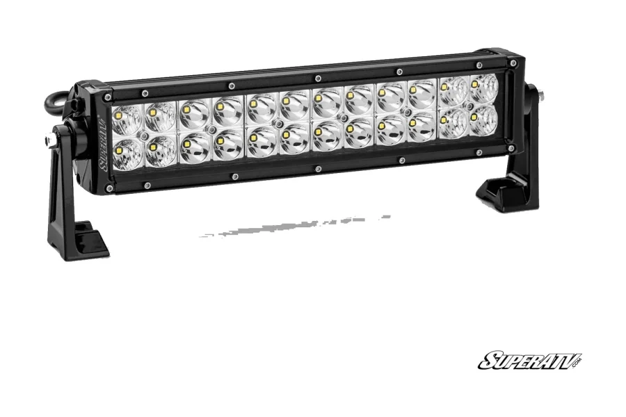 12 inch double-row LED light bar in a black housing with clear reflector optics and pivoting end brackets