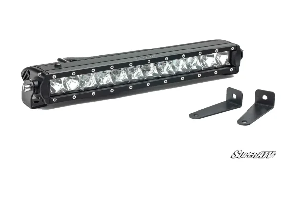 12 inch single-row LED light bar in a black housing shown with a pair of flat L-mounting brackets
