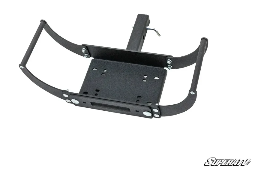 Textured black winch receiver hitch mount with square shank, hitch pin, fairlead slot, and curved tube guards