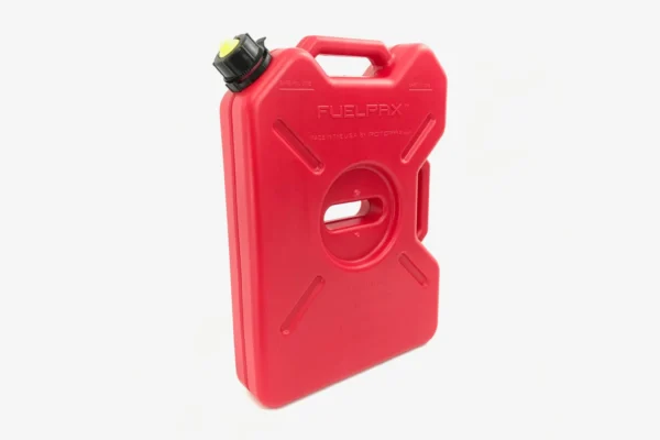 Red 2.5 gallon fuel pack with black cap, front three-quarter view, molded safe fill line and USA markings