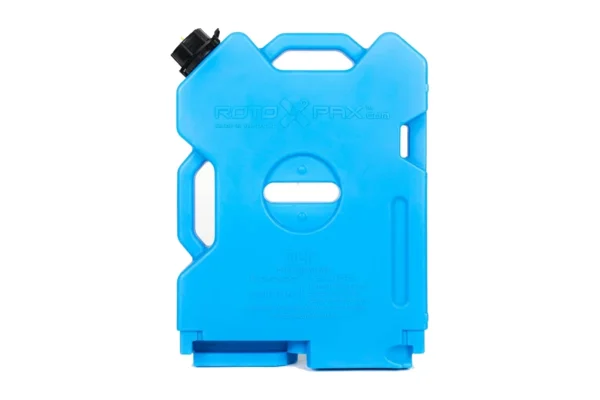 Blue 2 gallon DEF container, front view, molded DEF callout and 7.5 liter capacity text on the face