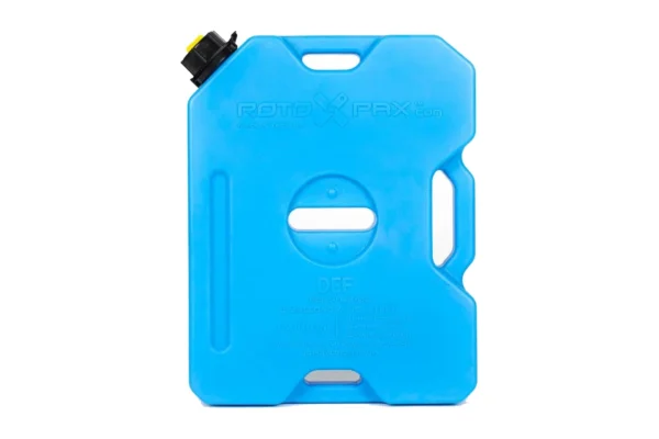 Blue RotoPax GEN 2 DEF container, front view showing molded capacity and caution text with the black cap