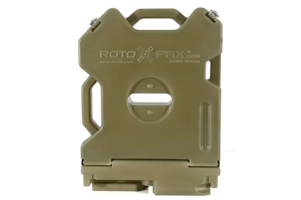 OD green RotoPax 2 gallon storage pack, front view with molded handles and two metal latches