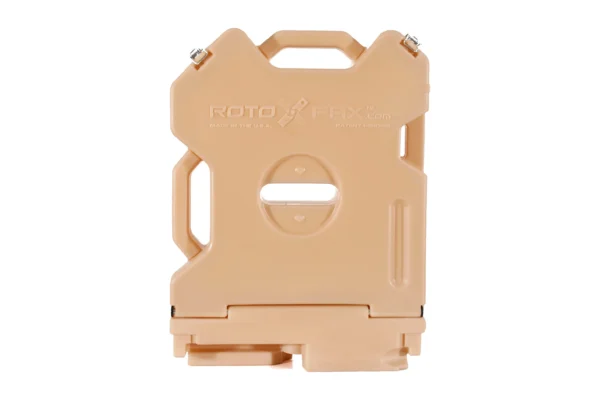Tan RotoPax 2 gallon storage pack, front view with molded side handle and two metal latches