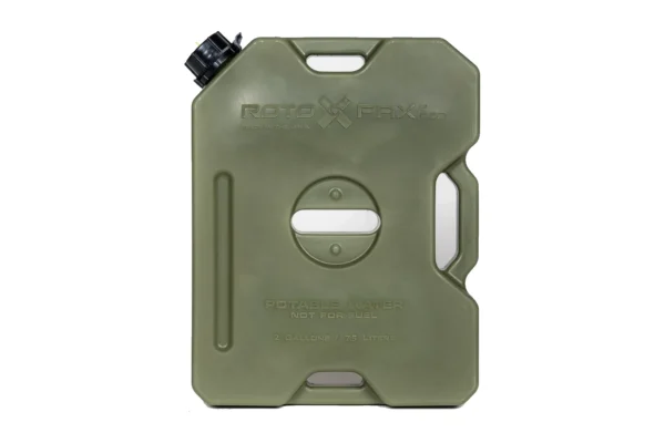 OD green RotoPax 2 gallon water pack, front view with molded potable water labeling and black vented cap