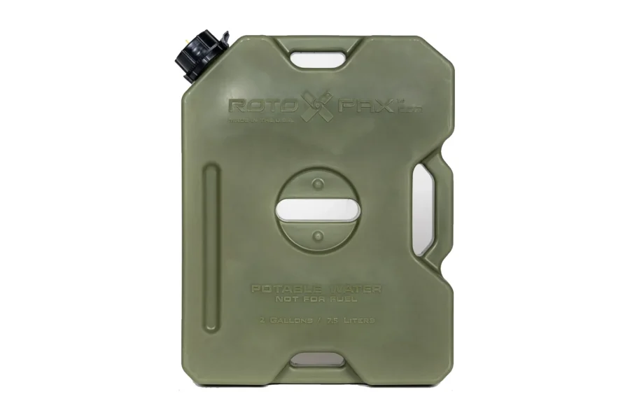 OD green RotoPax 2 gallon water pack, front view with molded potable water labeling and black vented cap