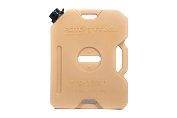 Tan RotoPax 2 gallon water pack, front view with molded capacity text and black vented cap
