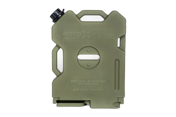 Olive drab 2 gallon water pack, front view, molded potable water not for fuel and 7.5 liter markings
