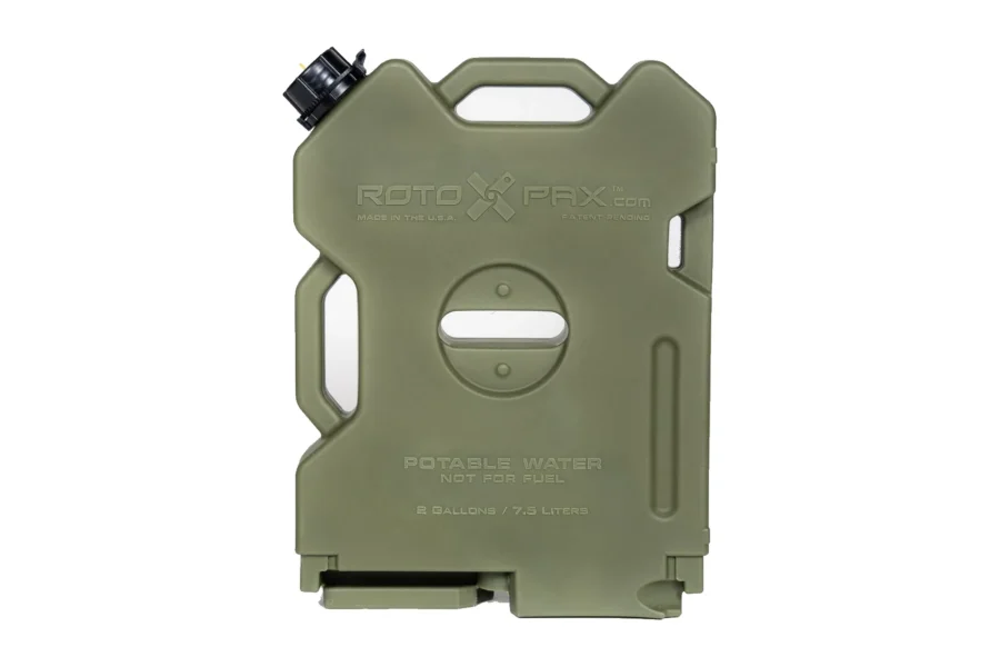 Olive drab 2 gallon water pack, front view, molded potable water not for fuel and 7.5 liter markings
