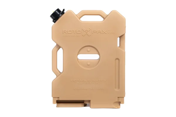 Tan 2 gallon water pack standing upright, front view, with black filler cap and molded potable water marking
