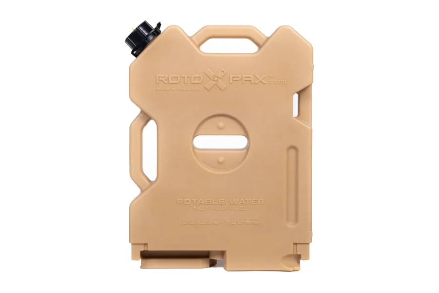 Tan 2 gallon water pack standing upright, front view, with black filler cap and molded potable water marking