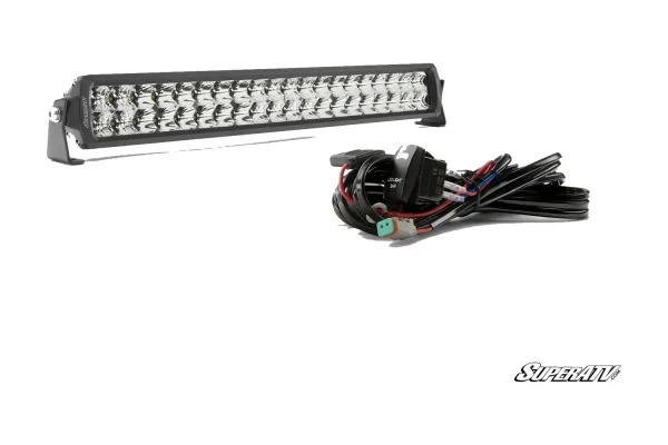 20 inch straight double-row LED light bar shown with a wiring harness and a rocker switch marked LED LIGHT BAR