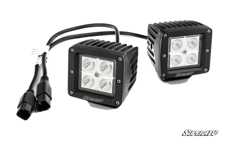 Pair of 3 inch black LED cube lights with four-optic grids, finned housings and sealed pigtail connectors