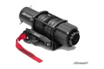 Black 4500 lb. UTV winch with synthetic rope, hook with red pull strap, fairlead and freespool clutch knob
