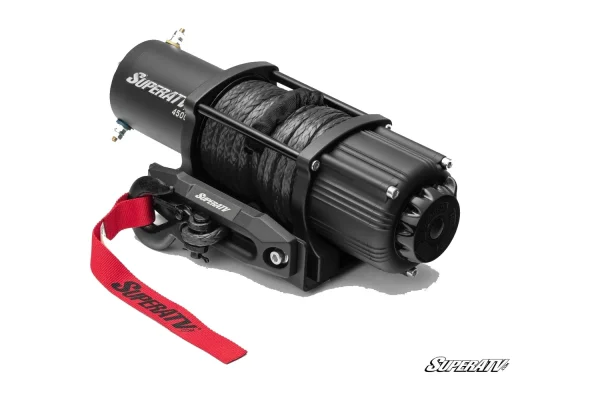 Black 4500 lb. UTV winch with synthetic rope, hook with red pull strap, fairlead and freespool clutch knob