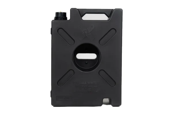 Black 5 gallon water pack, front view, with black filler cap and molded potable water and 19 liter markings
