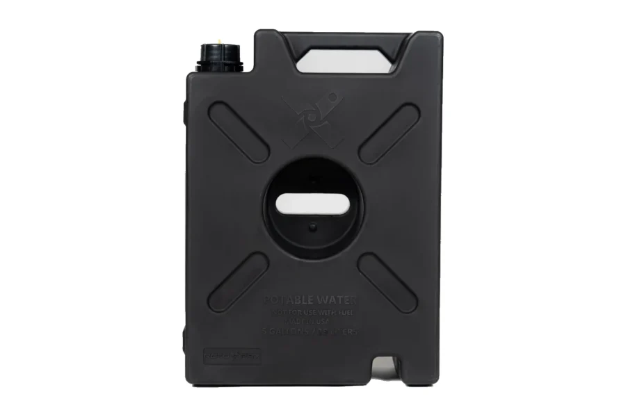 Black 5 gallon water pack, front view, with black filler cap and molded potable water and 19 liter markings