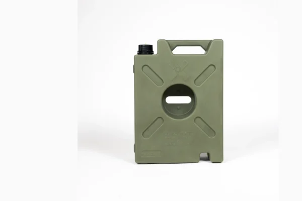 OD green 5 gallon water pack, front view, with black filler cap and molded potable water and 19 liter markings