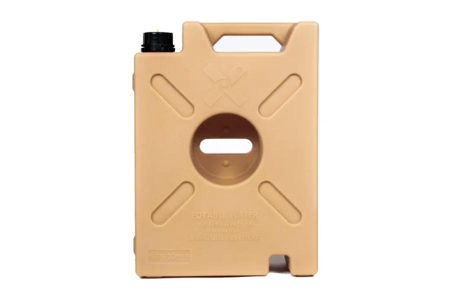 Tan 5 gallon water pack, front view, with black filler cap and molded potable water and 19 liter markings