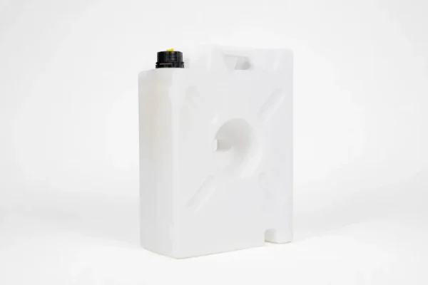 White translucent 5 gallon water pack, front view, with black filler cap and molded X-pattern ribbing