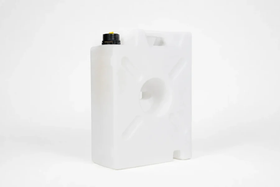 White translucent 5 gallon water pack, front view, with black filler cap and molded X-pattern ribbing