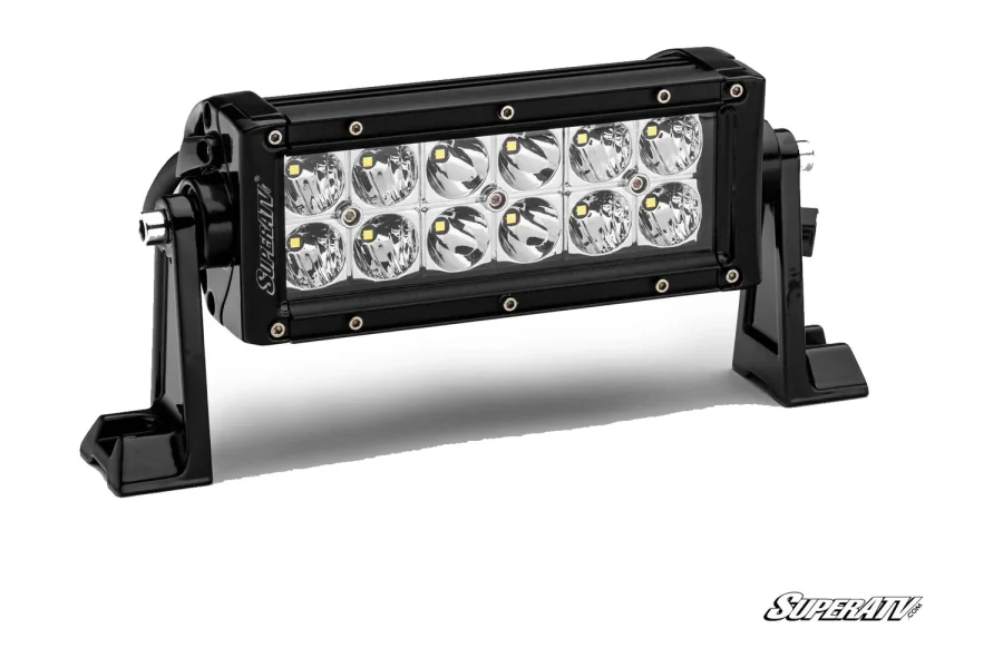 6 inch double-row LED light bar with two rows of six clear reflector optics and black pivoting end brackets
