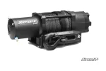 Black 6000 lb. UTV winch with synthetic rope spooled on the drum, latched hook and fairlead