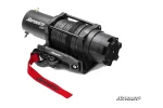 Studio view of the 6000 lb. UTV winch drum, synthetic rope and mounting feet