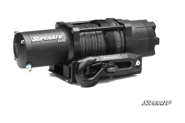 Black 6000 lb. UTV winch with synthetic rope spooled on the drum, latched hook and fairlead
