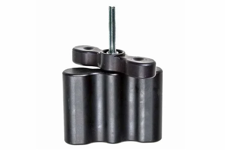 Black 3 gallon pack mount extension with a threaded stud and top flange, isolated on white