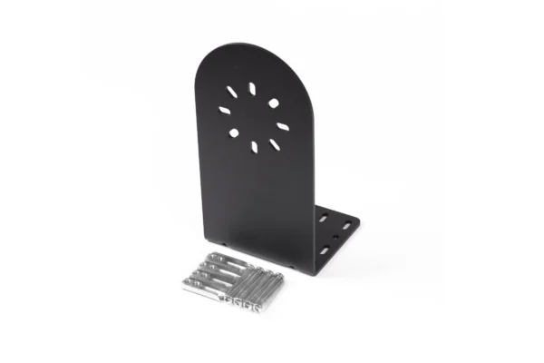 Black powder-coated steel L-Bracket standing upright with slotted mounting pattern and included T-nuts and screws