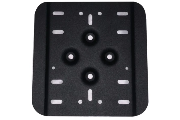 Top view of the black powder-coated single mounting plate showing four raised dimples and slotted bolt holes