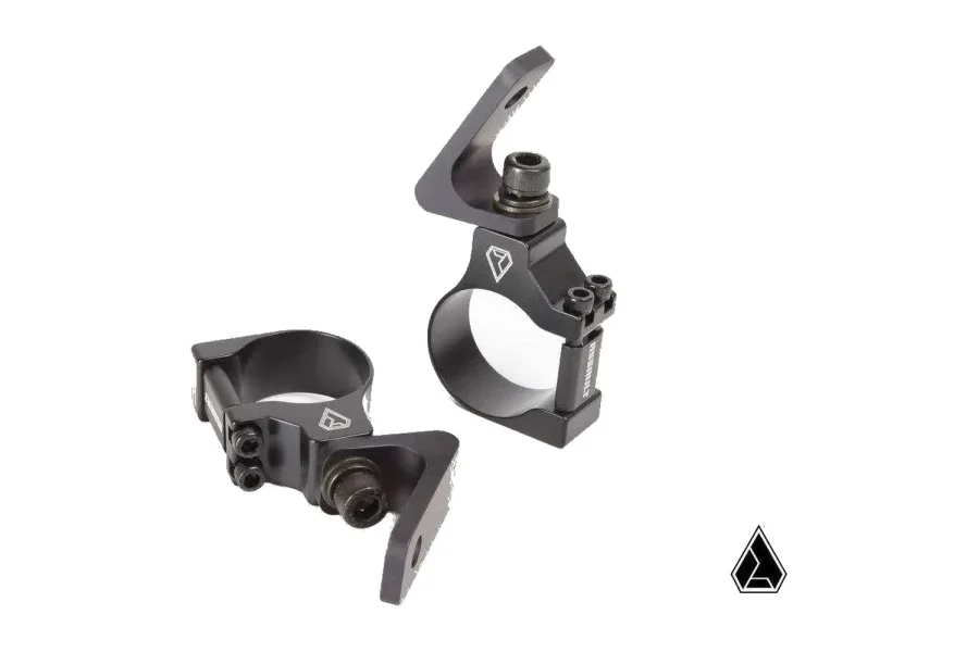 Pair of black clamp-style light bar mounts with angled arms and pivot bolts, studio view