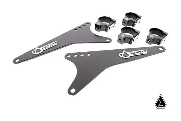 Extended light bar bracket kit with two long black arms drilled with bolt holes and four round tube clamps