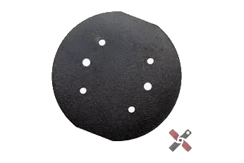 Round black steel pack mount backing plate with five drilled holes, shown flat on white