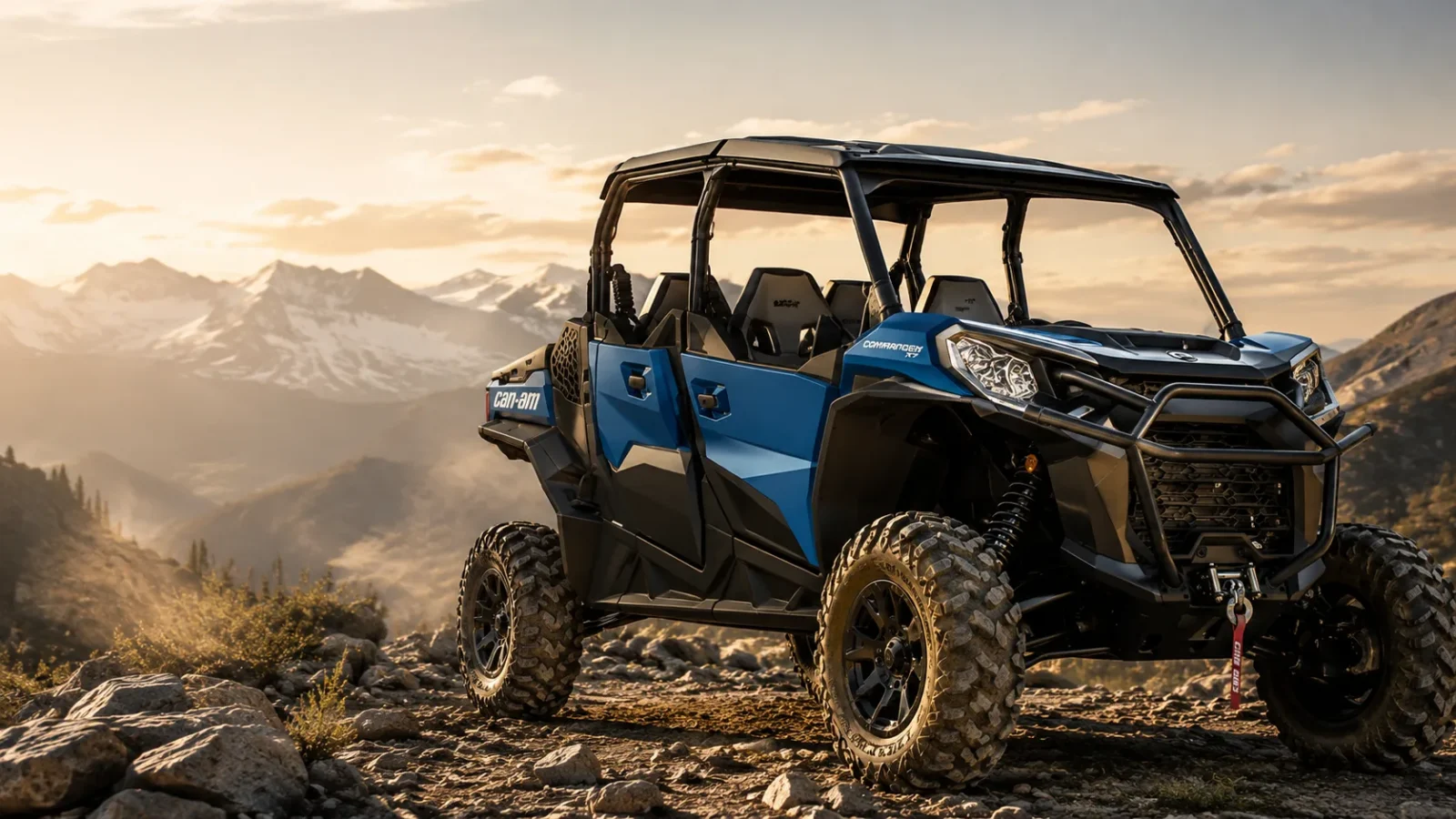 Can-Am Commander XT on a rocky ridge with a mountain backdrop