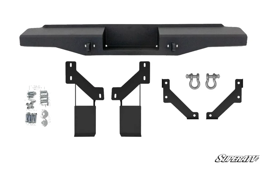 Can-Am Defender HD10 sheet metal rear bumper laid out with mounting brackets, hardware kit and two D-ring shackles