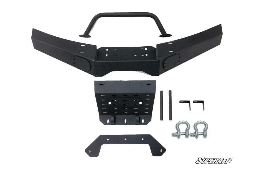 Can-Am Defender HD10 front bumper laid out: black plate bumper, brow bar, winch plate, brackets and two shackles