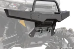 Black plate front bumper with brow bar installed on a Can-Am Defender, shackles mounted to the winch plate