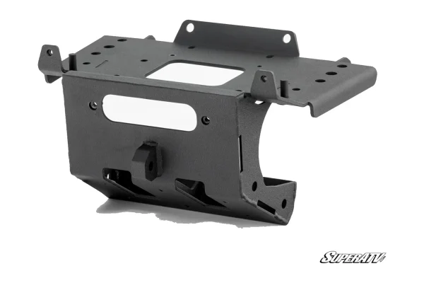 Textured black fabricated winch mounting cradle for Can-Am Maverick R, angled studio view with fairlead opening