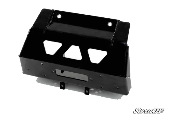 Gloss black boxed winch mounting plate for Can-Am Maverick Sport with three deck cutouts and a fairlead slot