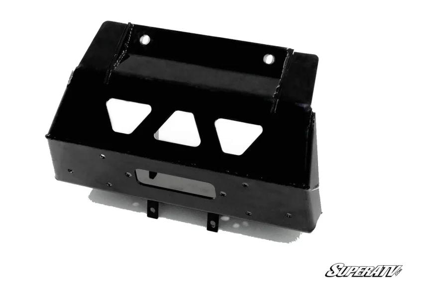 Gloss black boxed winch mounting plate for Can-Am Maverick Sport with three deck cutouts and a fairlead slot