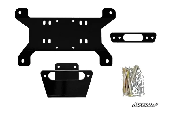 Black winch mounting plate for Can-Am Maverick with fairlead bracket, support bracket, and bagged hardware
