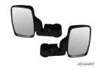 Two black UTV side view mirrors with wide rectangular glass and round roll cage clamps, studio shot