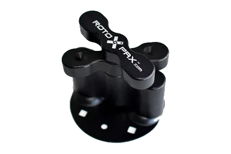 Black DLX pack mount with the RotoPax branded handle on a round base plate, angled view