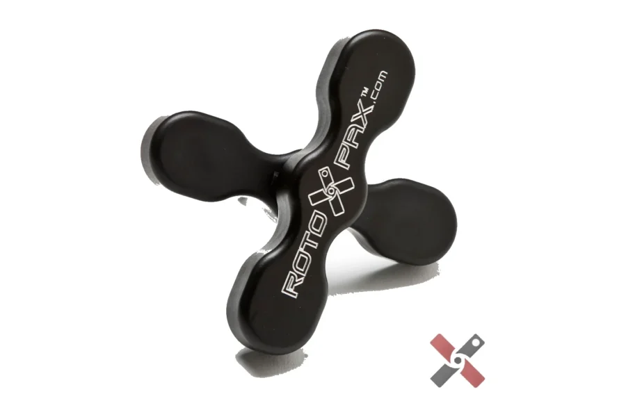 Black anodized aluminum DLX pack mount handle with the RotoPax logo, viewed from above