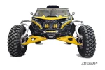 Yellow Can-Am Maverick R fitted with the Elektric Offroad Amp front winch bumper, straight-on front view