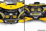 Two close-up views of the Amp front winch bumper on a yellow Maverick R with a light bar and cube lights fitted