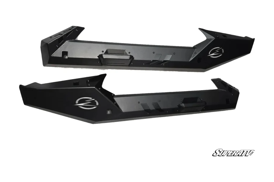 Pair of black Volt rock sliders for the Can-Am Maverick R on white, with lightning bolt logo panels